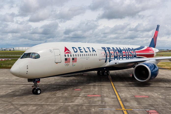 On May 2 Delta unveiled its custom Airbus A350 Team USA aircraft livery in Toulouse, France honoring the airline’s commitment to celebrate these athlete’s journey and connect them with their dreams as the official airline of Team USA.