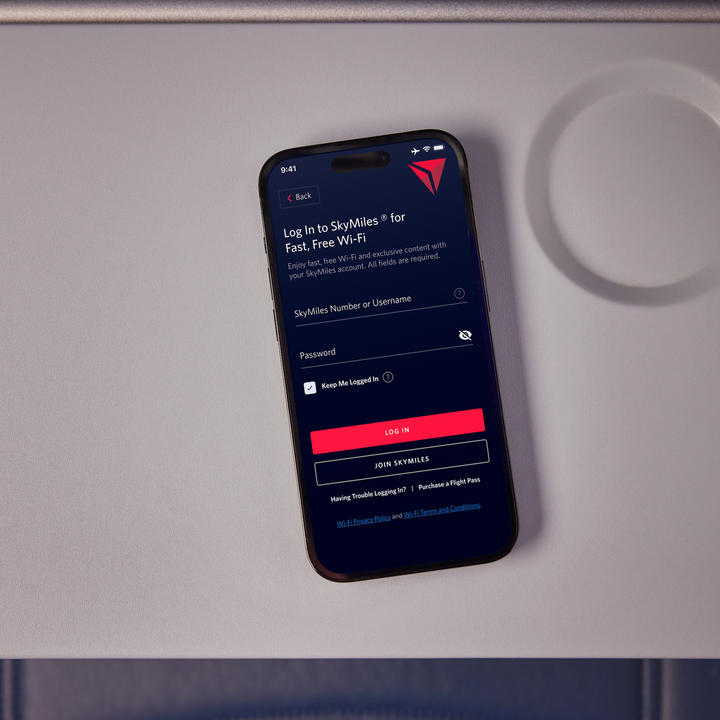 Delta's Wi-Fi login screen is displayed on a cellphone.
